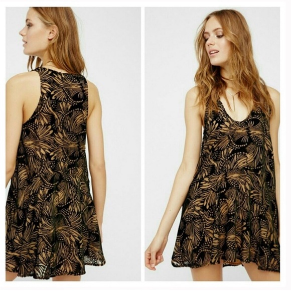 FREE PEOPLE ELLIE VELVET MINI DRESS SIZE MEDIUM BLACK/GOLD - Picture 1 of 15